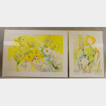Denise Schwander (Swiss, b. 1945) Five Floral Paintings: Irises , Buttercups , Sunflowers , Mullein