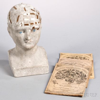 Plaster Phrenology Head by L.N. Fowler and Three Phrenological Journals
