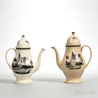 Two Leeds Transfer-decorated Creamware Coffeepots