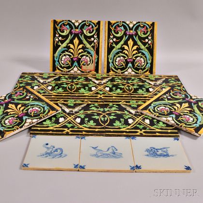 Nine Minton's Polychrome Tiles and Three Modern Delft Tiles. Estimate $100-150