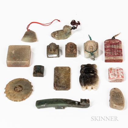 Fourteen Stone and Jade Seals and Carvings