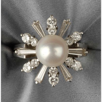 14kt White Gold, Cultured Pearl, and Diamond Ring