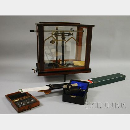 Cased Balance Scale, Small Weight Set, Manual Slide Rule, and a Precision Measuring Device