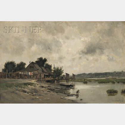 Richard Pauli (American, 1855-1892) Shacks and Docks on the River's Edge