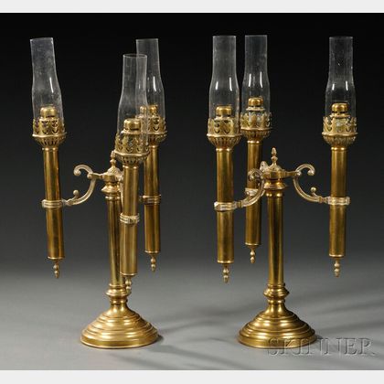 Pair of Three-light Brass Oil Lamps