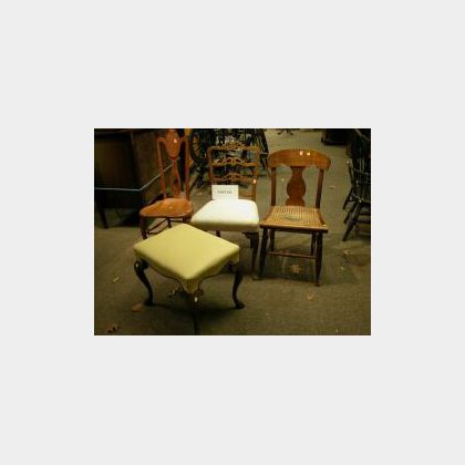 Three Assorted Chairs, an Upholstered Carved Walnut Ottoman, and a Victorian Ash Commode. 