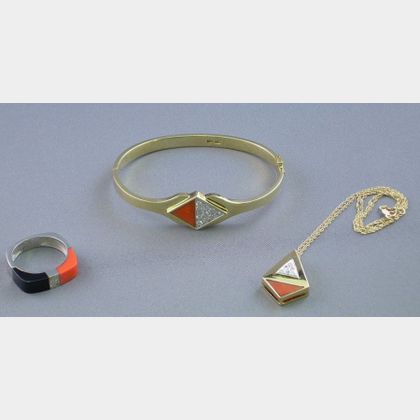 14kt Gold, Coral, and Diamond Bracelet, a Similar Pendant Necklace, and a 14kt White Gold, Onyx, Coral, and Dia... 