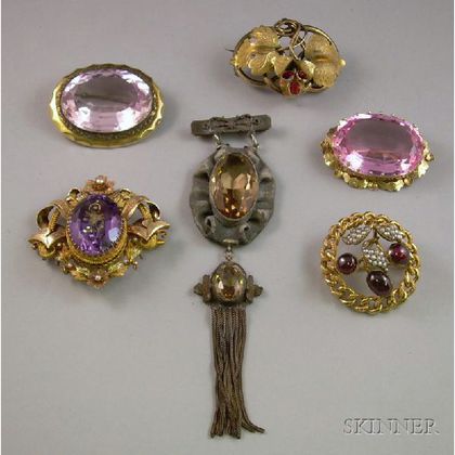 Six Victorian Mostly Gilt Metal and Cut Glass Brooches. 