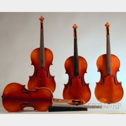 Four Modern Violins, Anton Schroetter, Mittenwald, c. 1965. Estimate $200-300