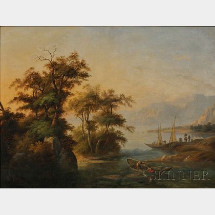 Benedikt Franz Hess (Swiss, 1817-1870) Mountain Lakeshore with Fishing Boats