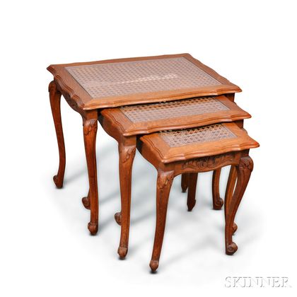 Set of Three French Provincial-style Carved Oak Nesting Tables