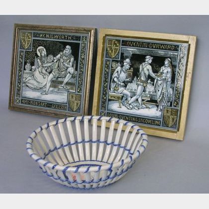 Pair of Framed Minton Renaissance Scene Transfer Decorated Tiles and an English Pearlware Basket 