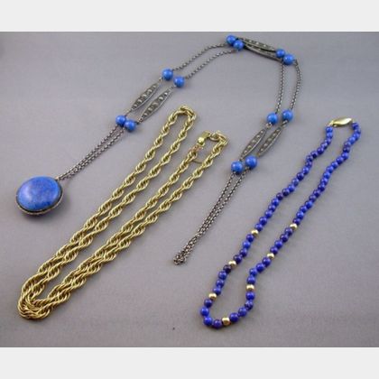 Lapis and 14kt Gold Bead Necklace, Krementz Chain, and an Enameled Blue Stone Pendant Necklace. 