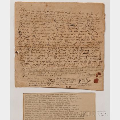 Native American Land Deed, 4 December 1707, Signed by Mohegan Chief Owaneco.