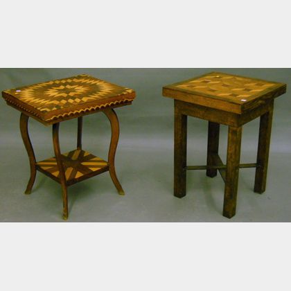 Tramp Art Parquetry-decorated Wooden Occasional Table and a Parquetry-top Oak Occasional Table.