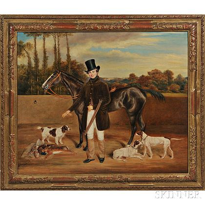 English School, 19th Century A Sportsman with His Horse, Hounds, and Trophy