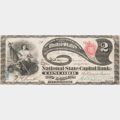 The National State Capitol Bank of Concord $2 Original Banknote, PMG Very Fine 30 EPQ