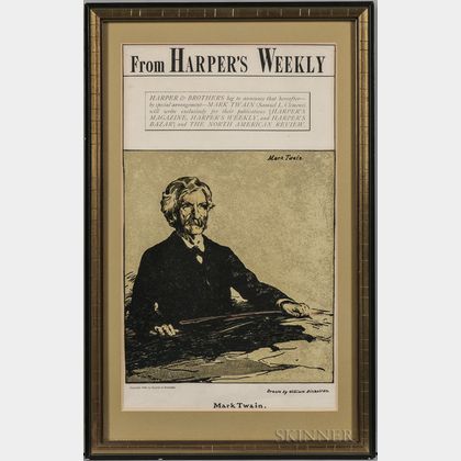 Nicholson, William (1872-1949) Harper's Weekly Poster, Announcing an Exclusive Publishing Contract with Mark Twain, 1900.