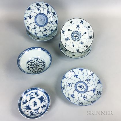 Seven Export Blue and White Porcelain Dishes and a Bowl