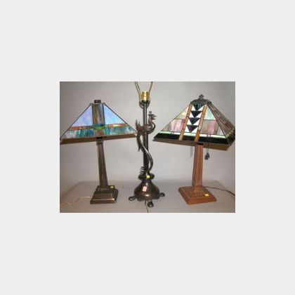 Two Prairie School Style Leaded Slag Glass Lamps and a Patinated Metal Table Lamp. 