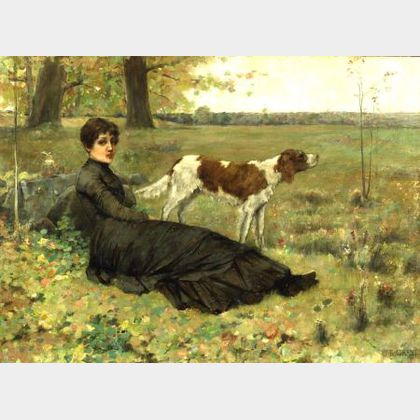 Clement Rollins Grant (American, 1849-1893) Autumn Repose/Portrait of a Woman and Dog in a Landscape