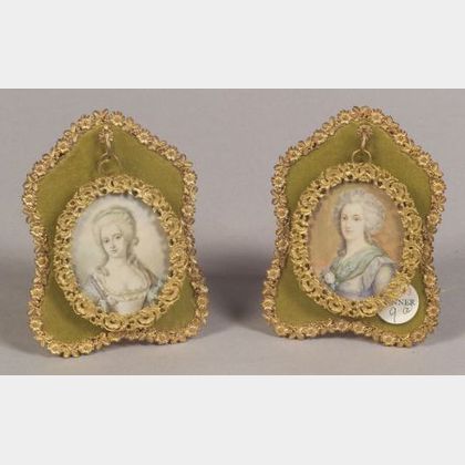 Pair of Framed Portrait Miniatures on Ivory of Eighteenth Century Ladies