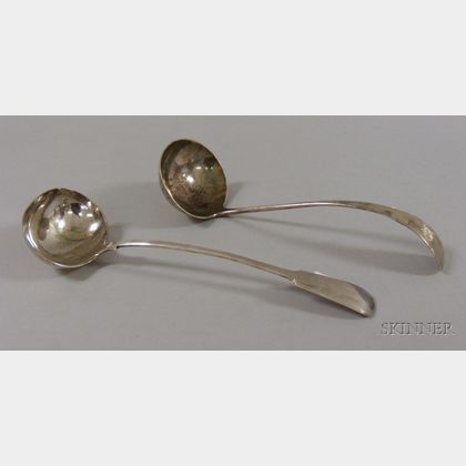 Large Sterling Soup Ladle with Bright-cut Monogram, and Continental Silver Plated Soup Ladle