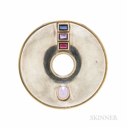 Janis Kerman Sterling Silver and 18kt Gold Gem-set Pendant/Brooch