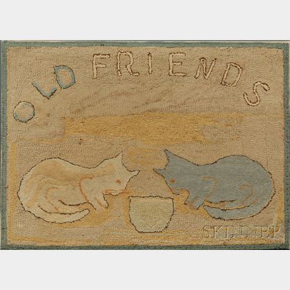 "OLD FRIENDS" Wool Hooked Rug with Two Cats