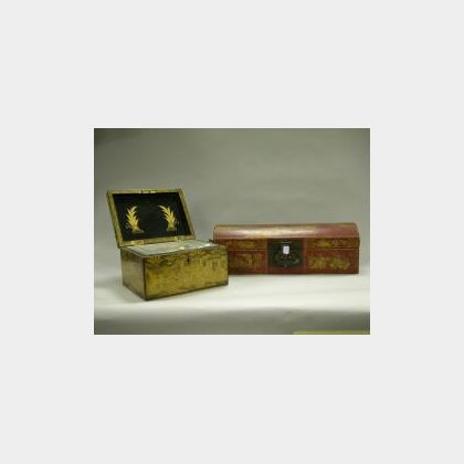 Chinese Export Lacquer Tea Caddy and a Gilt Decorated Red Pigskin Dome-top Box. 