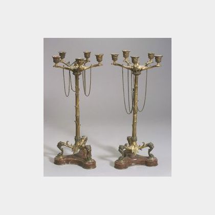Pair of Renaissance Revival Parcel-gilt Bronze Five-Light Candelabra