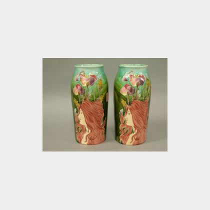 Pair of Austrian Art Nouveau Majolica Portrait Vases. 