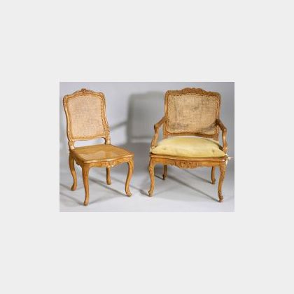 Regence Style Caned Beechwood Fauteuil a la Reine and Similar Chaise