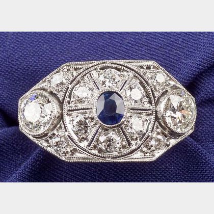 Art Deco Platinum, Sapphire and Diamond Ring