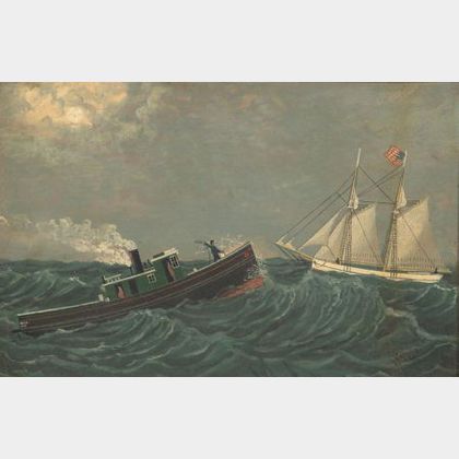 M. Mahony, (New York, Late 19th Century) Tug Boat Retrieving a Wayward Schooner.