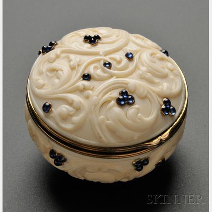 Rare Carved Ivory and Sapphire Snuff Box, Georges le Sache, Retailed by Tiffany & Co., 