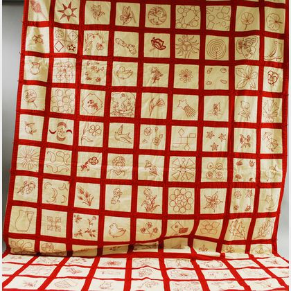 Figural Embroidered Pieced Red and White Cotton Twin-size Quilt, a Pair of Brass Candlesticks, and Nine Small Wood and Treen Article...