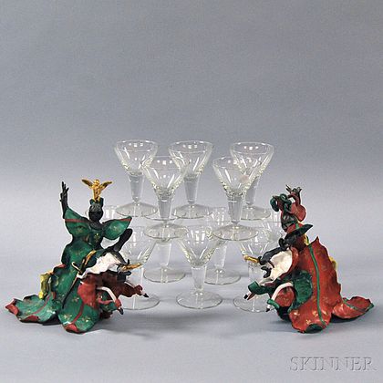 Set of Twelve Jensen Cocktail Glasses and a Pair of Venetian Porcelain Knights