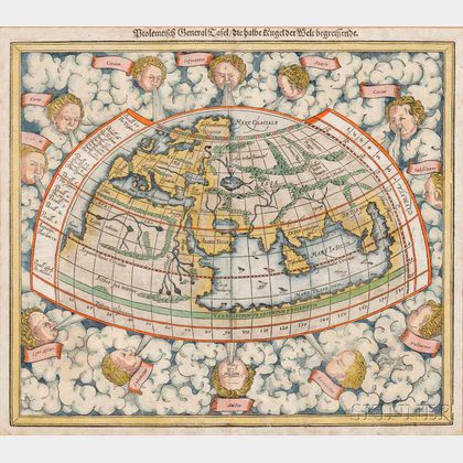 World Map. Sebastian Münster (1488-1552) Ptolemeisch General Tafel / die halbe Kugel der Welt begreissende.