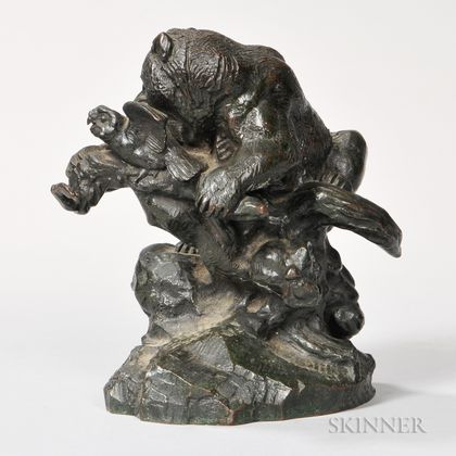 After Antoine-Louis Barye (French, 1795-1875) Bronze Figure of a Bear Attacking an Owl