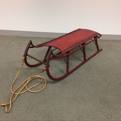 Red-painted Wrought Iron and Wood Sled