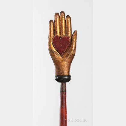 Gilt and Red-painted Heart and Hand Odd Fellows Warden's Staff with Stand