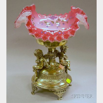 Meriden Victorian Silver Plated Cherub Figural Pedestal with Enamel Decorated Pink and White Ruffled Bowl.e... 