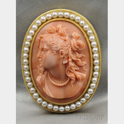 High-Karat Gold, Coral Cameo, and Cultured Pearl Brooch