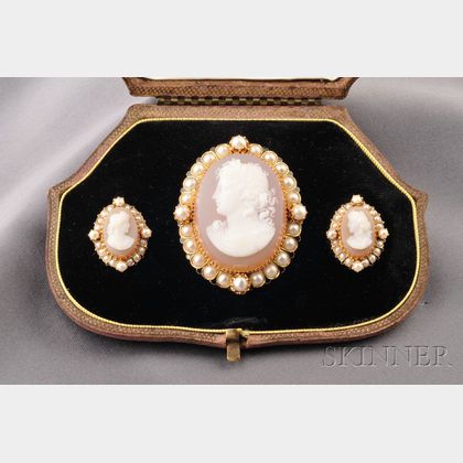 Antique 18kt Gold, Hardstone Cameo, and Pearl Suite