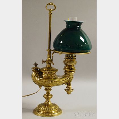 Wild & Wessel Adjustable Brass Aladdin-style Student Lamp with Cased Green Glass Shade