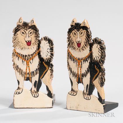 Two Pairs of Carved and Painted Husky Bookends