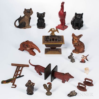Eighteen Painted Cast Iron Animals and Household Objects