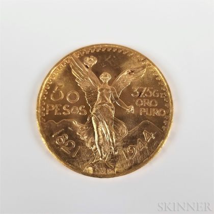 1944 Mexican 50 Pesos Gold Coin. Estimate $1,400-1,600
