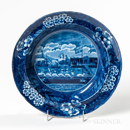 Staffordshire Historical Blue Transfer-decorated Landing of Lafayette Soup Plate